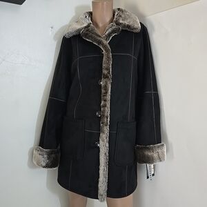 Gallery Petite Women's Black Faux Fur Suede Trim Coat Size PS NWT